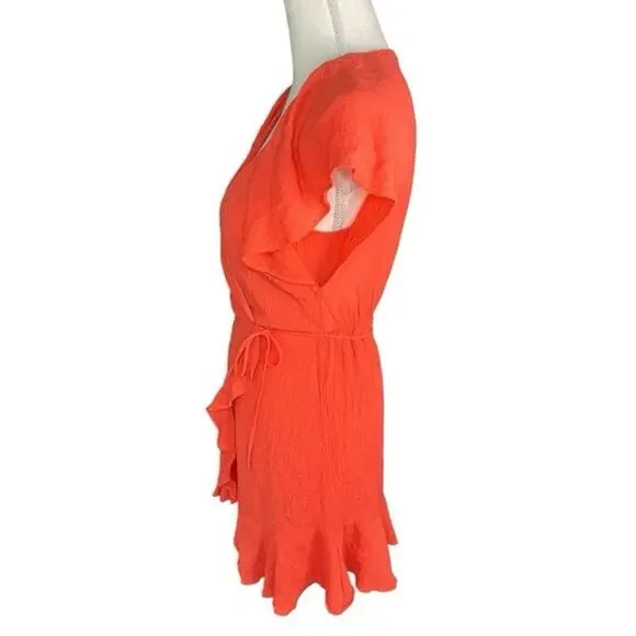 Lush hot coral orange flutter sleeve Mini dress wrap summer coquette cowgirl - Picture 5 of 11